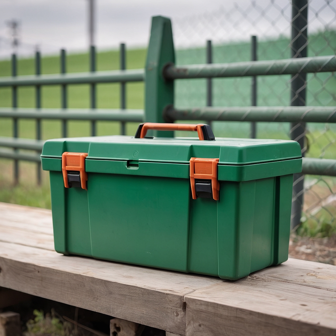 Grüne Toolbox auf einer Bank