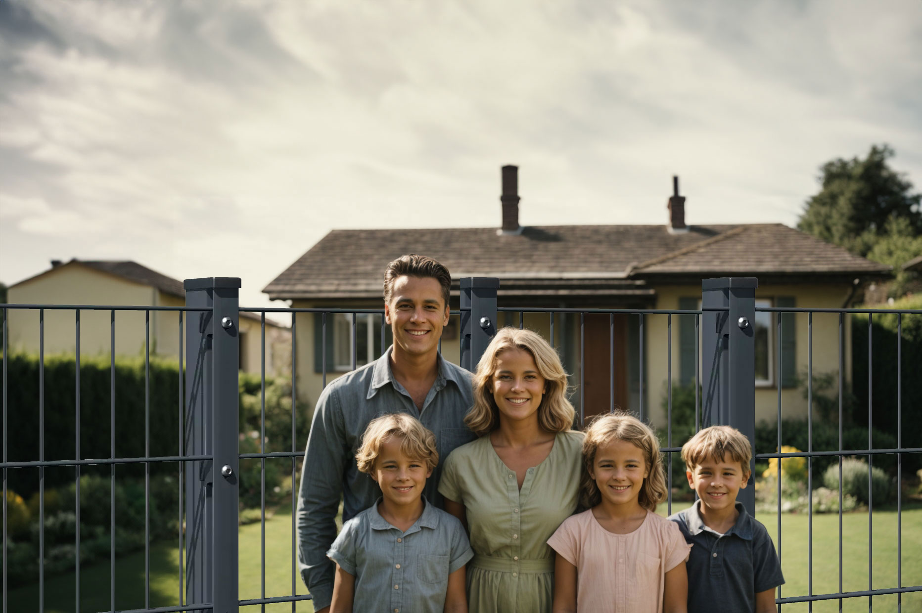 Familie vor Doppelstabmattenzaun und Haus