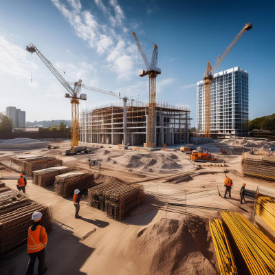 Baustelle mit Kränen und blauem Himmel