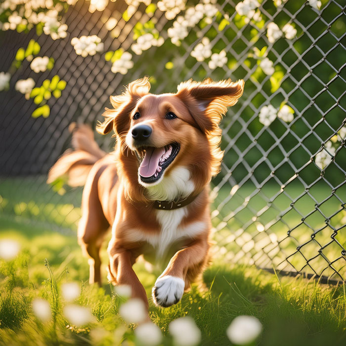 Hund läuft über eine Wiese mit Maschendrahtzaun im Hintergrund