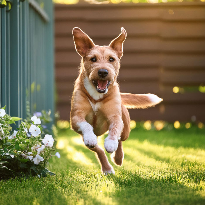 Hund springt mit dem Gesicht Richtung Kamera