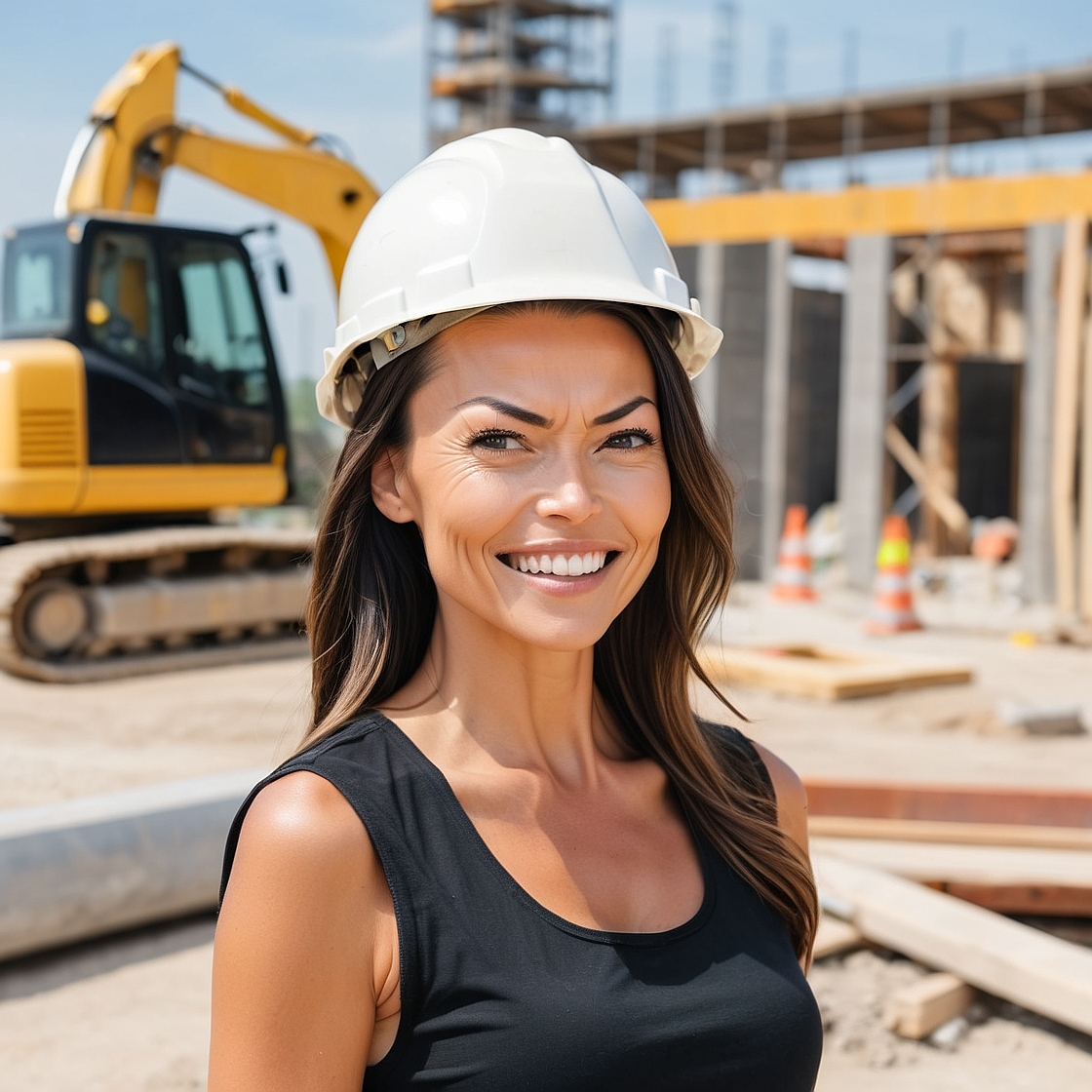 Bauarbeiterin mit Helm auf einer Baustelle