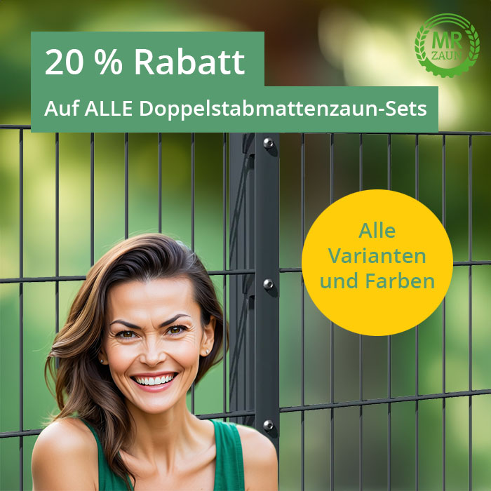 Aktion 20% Rabatt mit Zaun und einer Frau