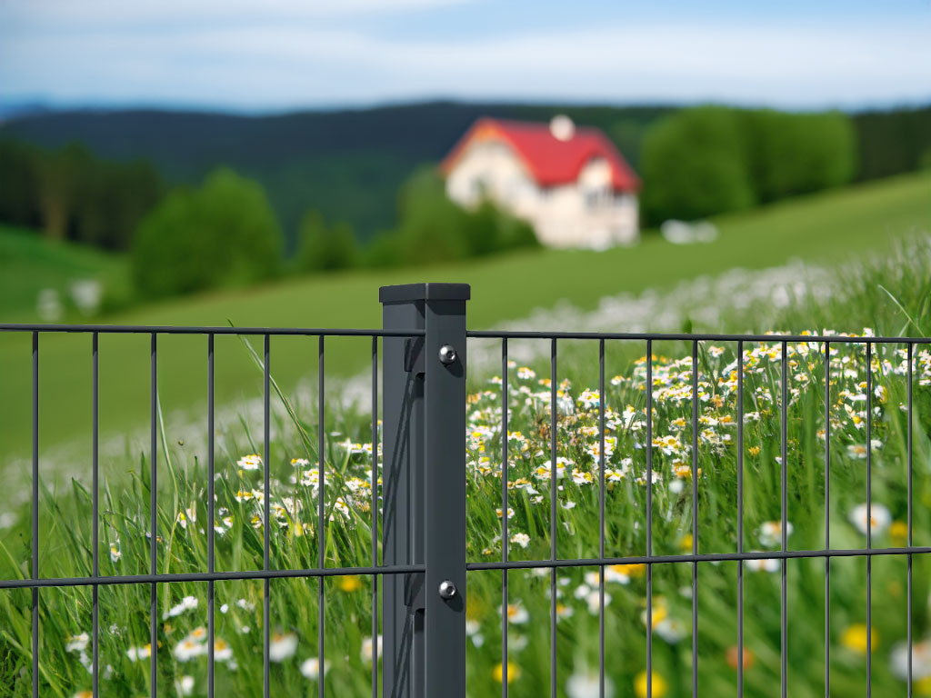 Doppelstabmattenzaun auf einer Blumenwiese und Haus im Hintergrund