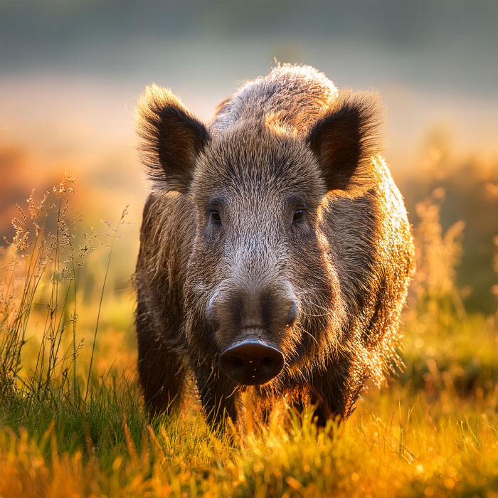 Wildschwein auf Wiese guckt frontal in die Kamera